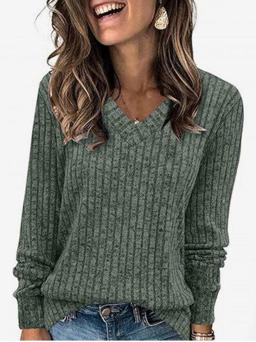 V Neck Textured Ribbed Knitted Top - GREEN - S