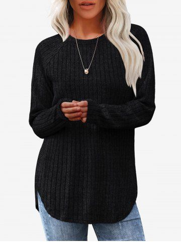 Textured Ribbed Knitted Curved Hem Crew Neck Top - BLACK - S