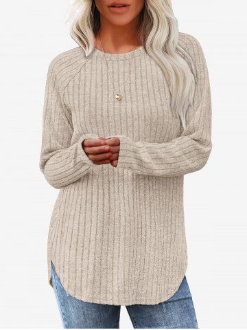 Textured Ribbed Knitted Curved Hem Crew Neck Top - APRICOT - S