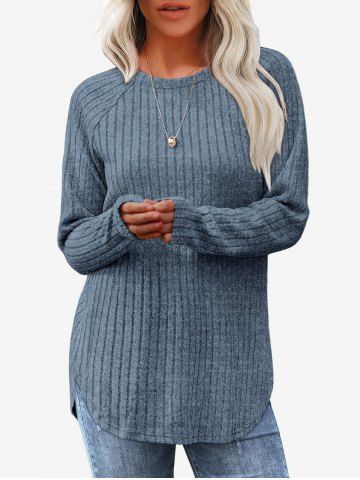 Textured Ribbed Knitted Curved Hem Crew Neck Top - BLUE - S