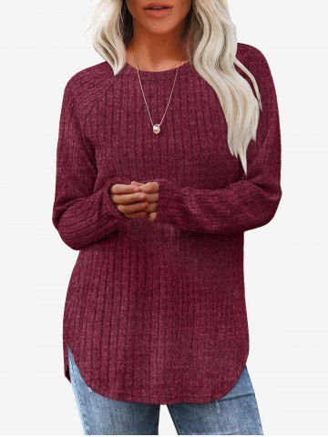 Textured Ribbed Knitted Curved Hem Crew Neck Top - RED - S