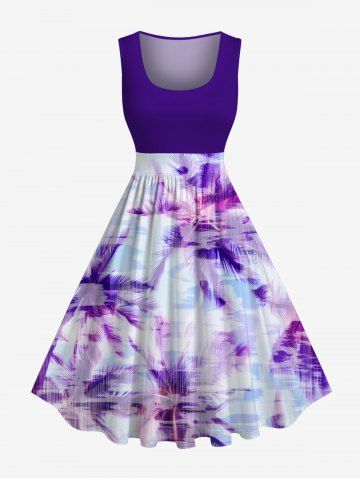 Plus Size Coconut Tree Tie Dye Print Hawaii 1950s Vintage Dress - PURPLE - 1X