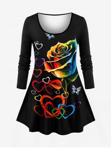 Plus Size Ombre Rose Flower Heart Butterfly Print Valentines Long Sleeves T-shirt - BLACK - XS