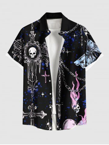 Chemise Décontractée Boutonnée Crâne Flamme Chaîne Imprimée avec Poche de Grande Taille pour Homme