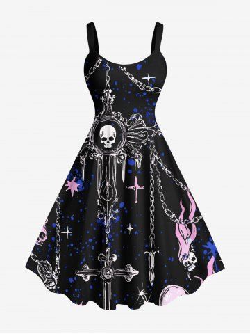 Plus Size Skull Chain Cross Fire Flame Print Hawaii A Line Tank Dress