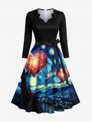 Plus Size Oil Painting Galaxy Heart River Print Valentines Scalloped Neck A Line Dress with Tied Belt -  