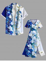 Flowers Leaf Contrast Colorblock Print Plus Size Matching Hawaii Beach Outfit For Couples -  