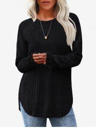 Textured Ribbed Knitted Curved Hem Crew Neck Top -  