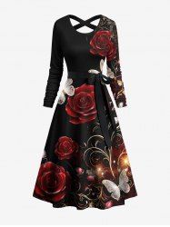 Robe Ligne A Croisée 3D Rose et Papillon Imprimés de Grande Taille à Paillettes avec Ceinture - Multi-A XL