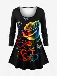 Plus Size Ombre Rose Flower Heart Butterfly Print Valentines Long Sleeves T-shirt -  