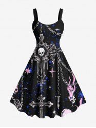 Robe Crâne Flamme Imprimée Ligne A avec Chaîne Grande Taille - Noir 6X