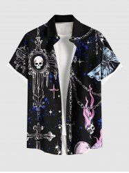 Plus Size Skull Chain Cross Fire Flame Print Hawaii Button Pocket Shirt For Men -  