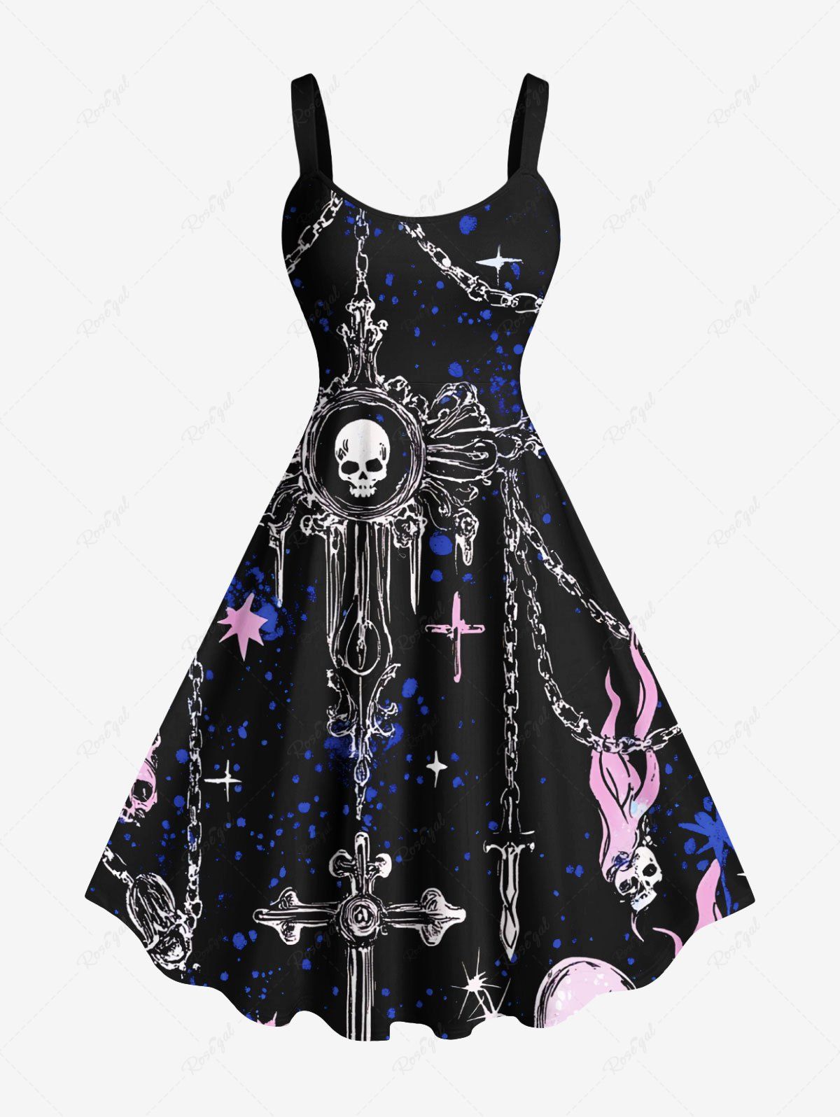 Shop Plus Size Skull Chain Cross Fire Flame Print Hawaii A Line Tank Dress  