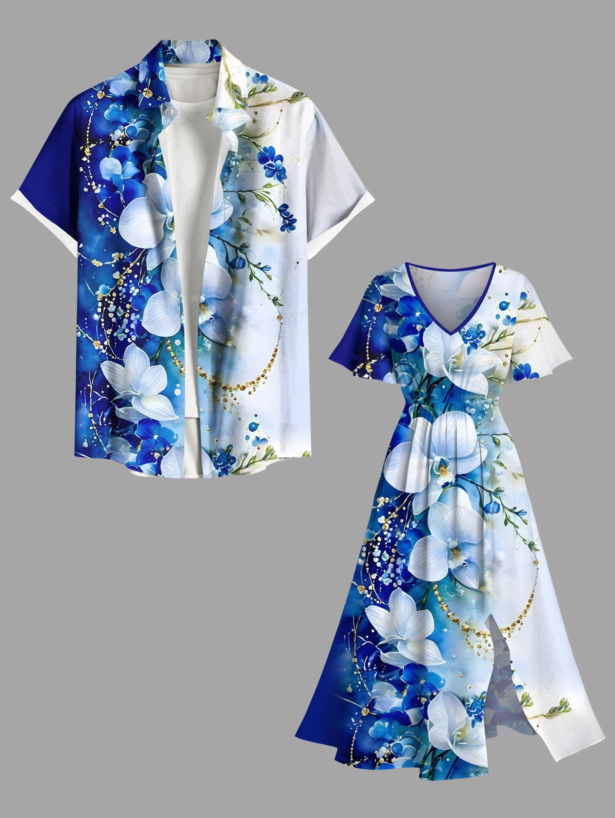 Unique Flowers Leaf Contrast Colorblock Print Plus Size Matching Hawaii Beach Outfit For Couples  