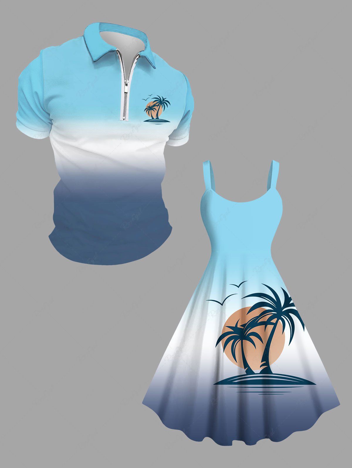Store Coconut Tree Sun Bird Ombre Print Plus Size Matching Hawaii Beach Outfit For Couples  