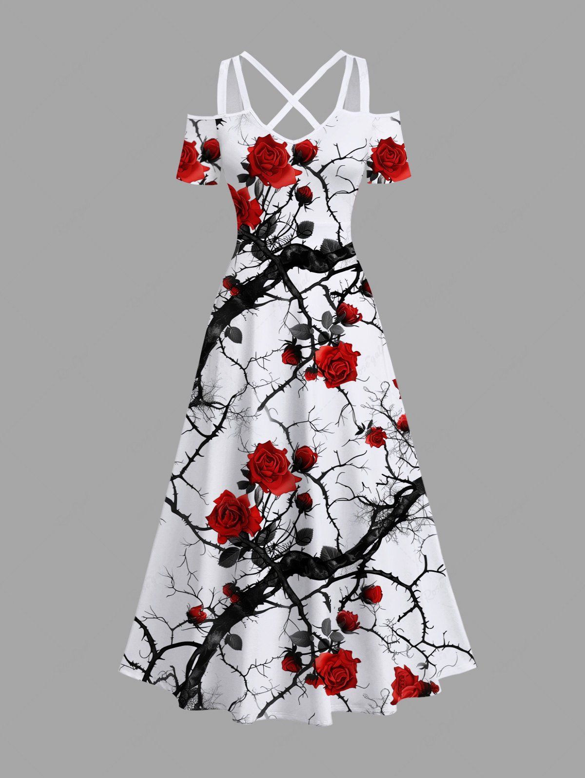 Affordable Plus Size Rose Flower Leaf Branch Print Cold Shoulder Crisscross Hawaii Maxi Dress  