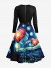 Plus Size Oil Painting Galaxy Heart River Print Valentines Scalloped Neck A Line Dress with Tied Belt -  