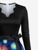 Plus Size Oil Painting Galaxy Heart River Print Valentines Scalloped Neck A Line Dress with Tied Belt -  