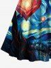 Plus Size Oil Painting Galaxy Heart River Print Valentines Scalloped Neck A Line Dress with Tied Belt -  