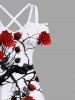 Plus Size Rose Flower Leaf Branch Print Cold Shoulder Crisscross Hawaii Maxi Dress -  