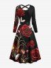 Robe Ligne A Croisée 3D Rose et Papillon Imprimés de Grande Taille à Paillettes avec Ceinture - Multi-A XL