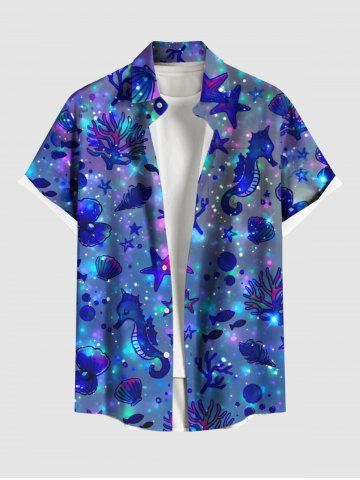 Plus Size Seahorse Coral Starfish Fish Shell Glitter Ombre Seabed Print Hawaii Sea Creatures Shirt For Men - BLUE - 4XL