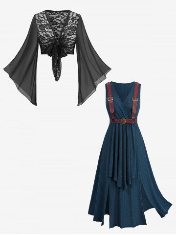 Rose Flower Lace Knotted Chiffon Bolero Top and Surplice Ribbed Textured Ruffles Dress Plus Size Outfit