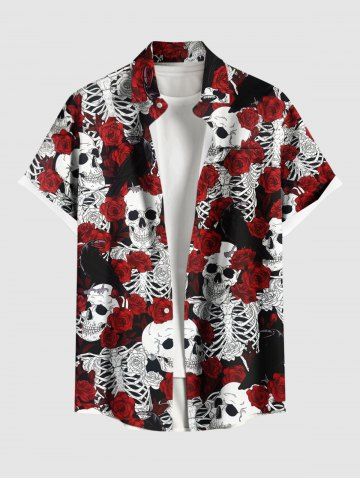 Plus Size Rose Flower Skulls Skeleton Print Buttons Pocket Hawaii Shirt For Men - RED - M