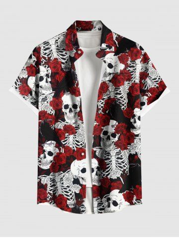 Plus Size Rose Flower Skulls Skeleton Print Buttons Pocket Hawaii Shirt For Men