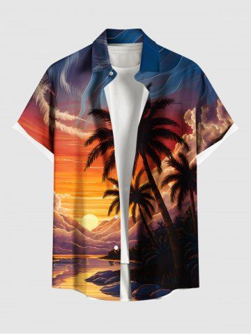 Plus Size Coconut Tree Sun Mountain Cloud Print Buttons Pocket Hawaii Shirt For Men