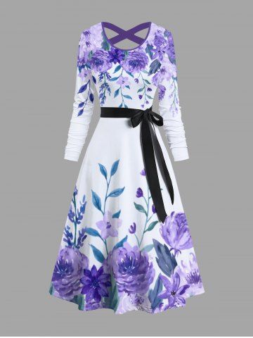 Flower Leaf Watercolor Print Crisscross Hawaii Dress With A Belt - PURPLE - S