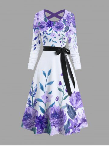 Flower Leaf Watercolor Print Crisscross Hawaii Dress With A Belt - PURPLE - 3XL