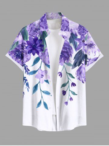 Plus Size Flower Leaf Watercolor Print Buttons Pocket Hawaii Shirt For Men - PURPLE - M