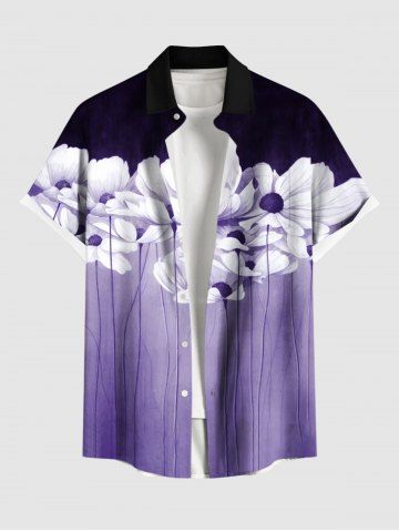 Plus Size Flower Colorblock Print Buttons Pocket Hawaii Shirt For Men