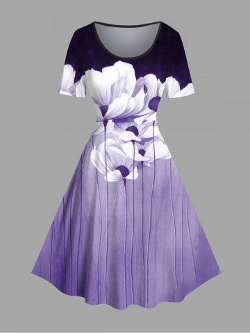 Plus Size Flower Colorblock Print Hawaii Vintage Dress - PURPLE - 3X