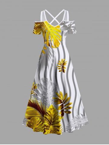 Plus Size Tropical Leaves Contrast Zig Zag Striped Print Hawaii Cold Shoulder Crisscross A Line Maxi Dress - MULTI-A - S