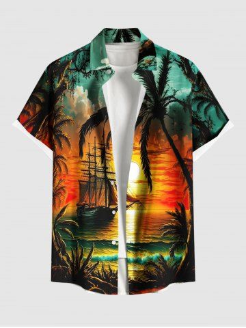 Chemise Imprimé Voilier et Nuage à Boutons Grande Taille avec Poche pour Homme