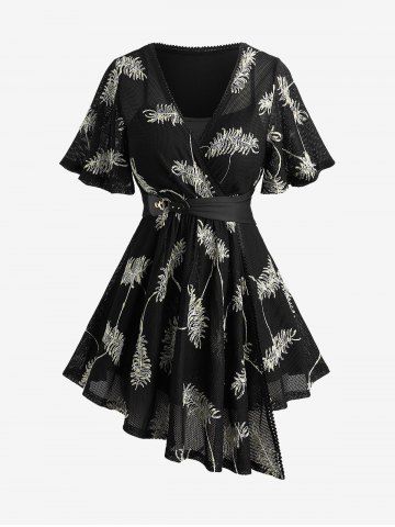 Plus Size Feather Jacquard Embroidery Pointelle Hollow Out Asymmetric Belted Surplice 2 in 1 Top - BLACK - 4X | US 26-28