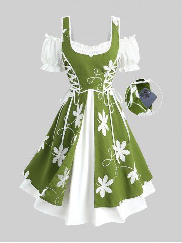 Robe grande taille à broderies florales, lacets, volants froncés, poches et épaules dénudées - GREEN - 2X | US 18-20