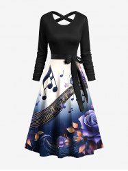 Rose Flower Leaf Music Symbol Print Ombre Crisscross A Line Dress with Tied Belt -  