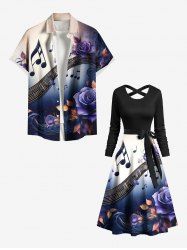 Rose Flower Leaf Music Symbol Print Plus Size Matching Hawaii Beach Outfit For Couples -  