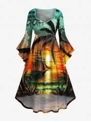 Plus Size Coconut Tree Sun Seascape Cloud Sailboat Print Ruched Flare Sleeve Hawaii High Low Dress -  