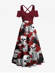 Plus Size Rose Flower Skulls Skeleton Print Cold Shoulder Crisscross Hawaii Maxi Dress -  