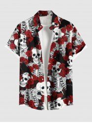Plus Size Rose Flower Skulls Skeleton Print Buttons Pocket Hawaii Shirt For Men -  