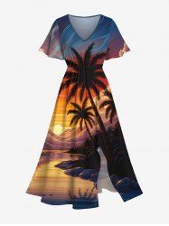 Plus Size Coconut Tree Sun Mountain Cloud Print Split Hawaii Midi Dress -  