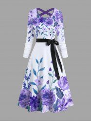 Robe Ligne A Croisée Feuille Fleur Aquarelle avec Ceinture - Pourpre  3XL