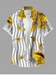 Plus Size Tropical Leaves Contrast Zig Zag Striped Print Hawaii Button Pocket Shirt For Men -  