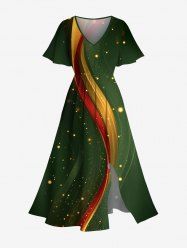 Plus Size Curve Ribbon Light Beam Galaxy Print Hawaii Ombre Split Pocket A Line Midi Dress -  