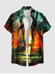 Plus Size Coconut Tree Sun Seascape Cloud Sailboat Print Buttons Pocket Hawaii Shirt For Men -  