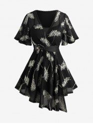 Plus Size Feather Jacquard Embroidery Pointelle Hollow Out Asymmetric Belted Surplice 2 in 1 Top -  